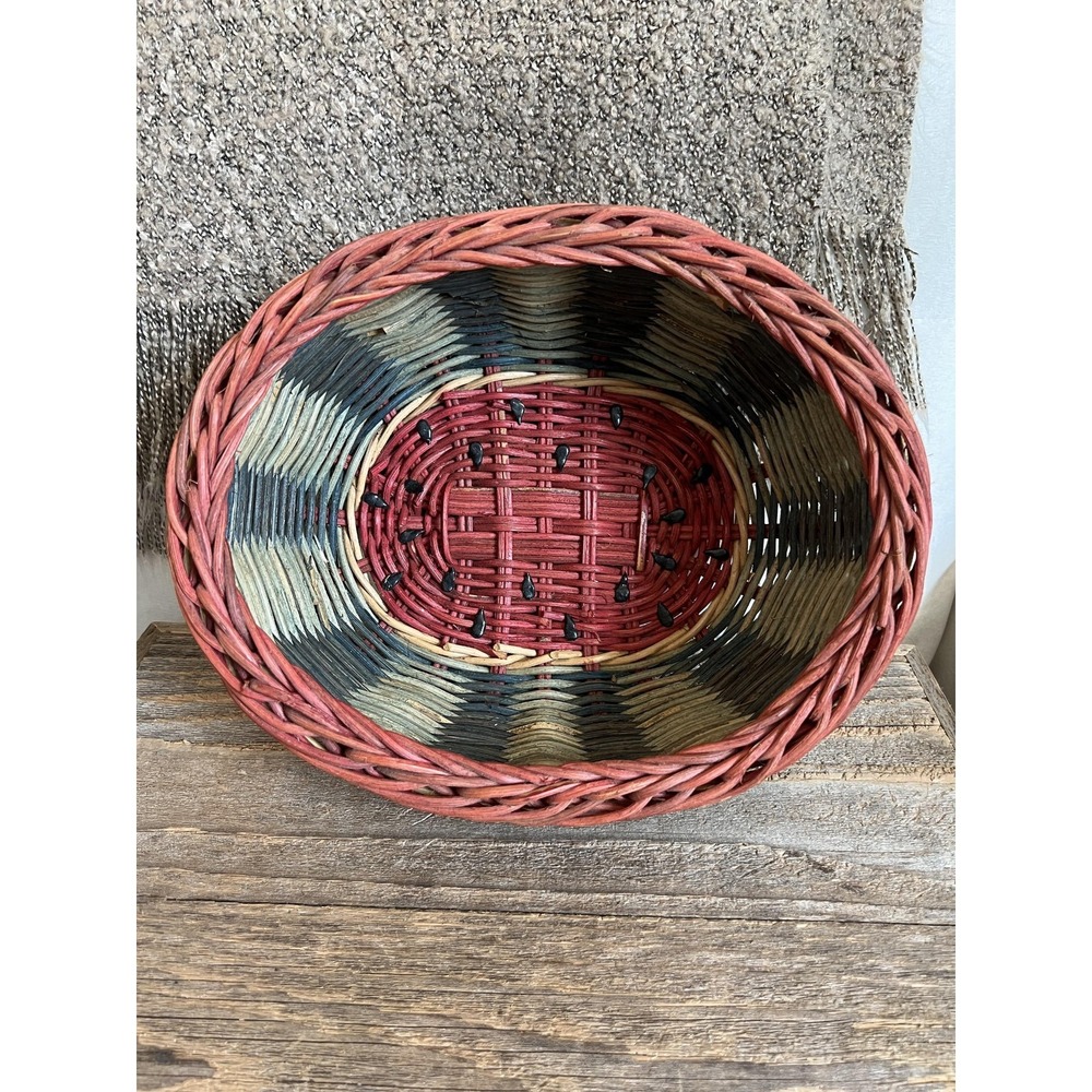 Handwoven Wicker Watermelon Fruit Basket Bowl Oval Country Farmhouse Decor